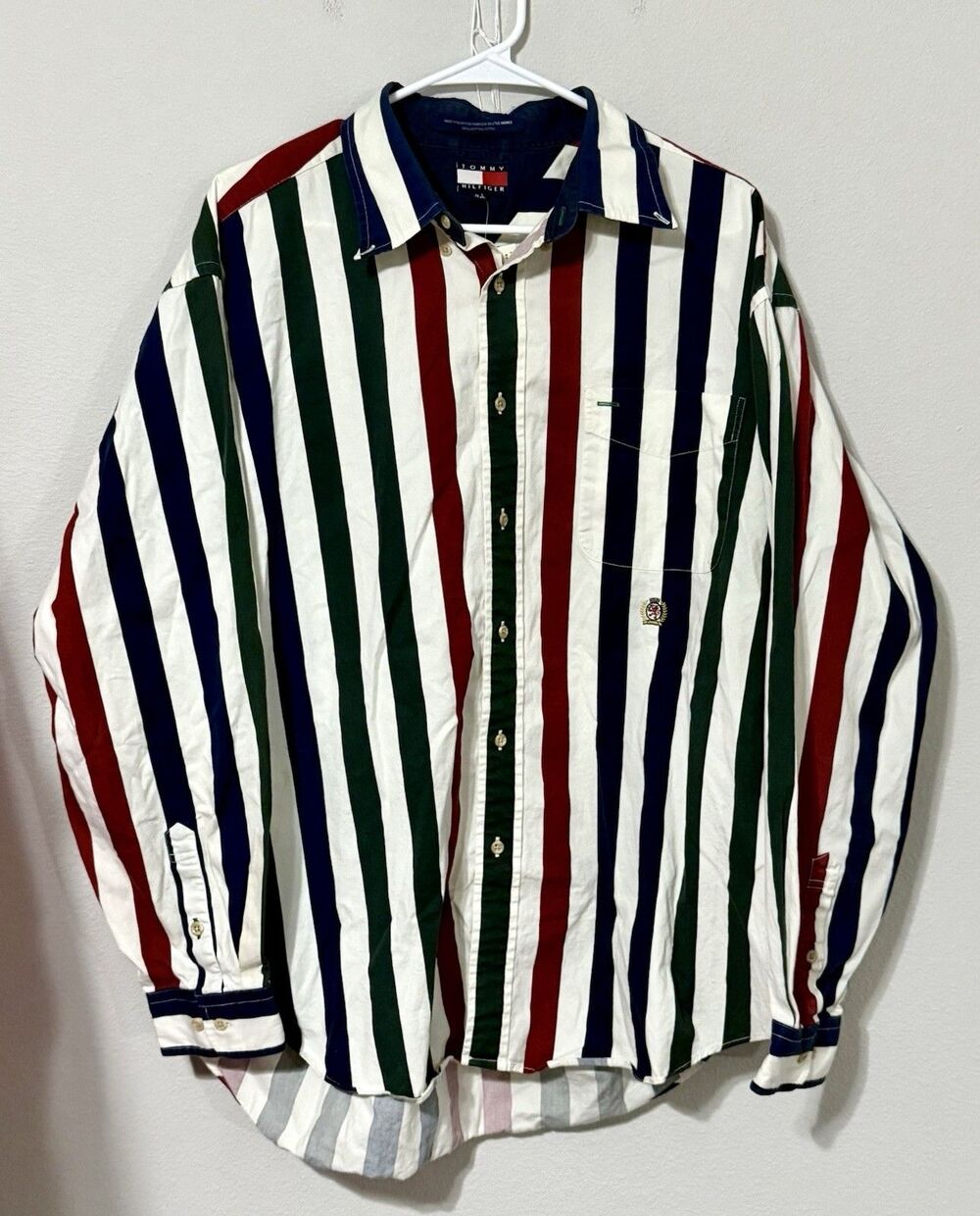 True Vintage 90s TOMMY HILFIGER Stripe Long Sleeve Button Down W/Crest Sz XL